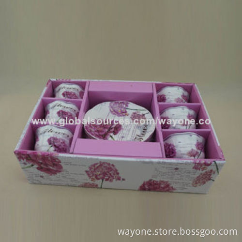 6-set 90cc Coffee Cup and Saucer, Printed Gift Box, Cut Edge, Floral Design, for Gifts and Promotion